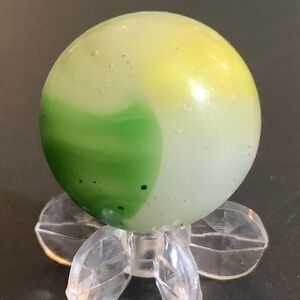 Vintage Akro Agate Peltier Marble King Opaque Base Green & Yellow Swirl .67"